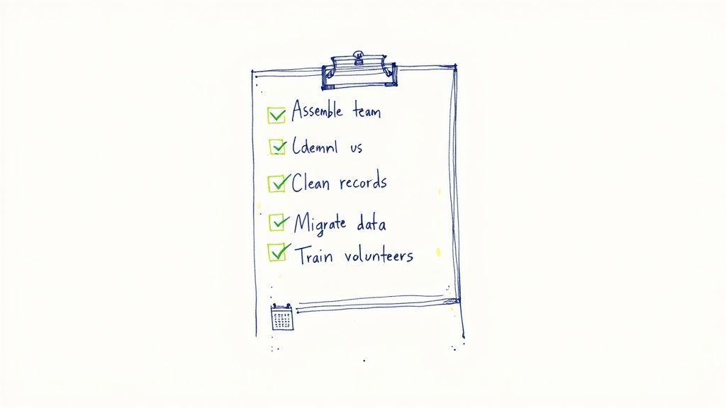A hand-drawn clipboard checklist with five completed tasks, including team assembly, data migration, and volunteer training.