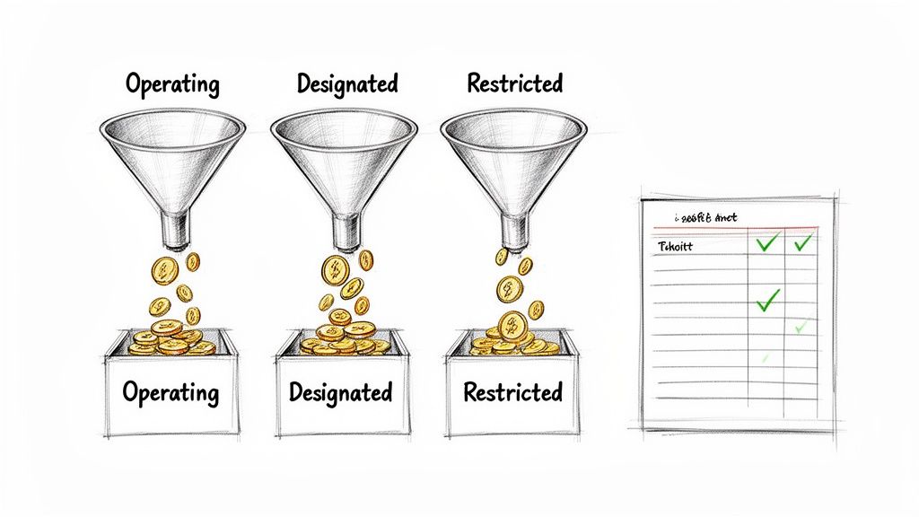 Three funnels pour golden coins into 'Operating', 'Designated', and 'Restricted' fund boxes, alongside a financial checklist.