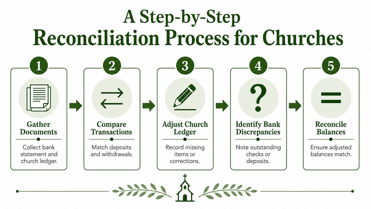 A five-step infographic illustrating the bank reconciliation process for churches using simple icons and text descriptions.