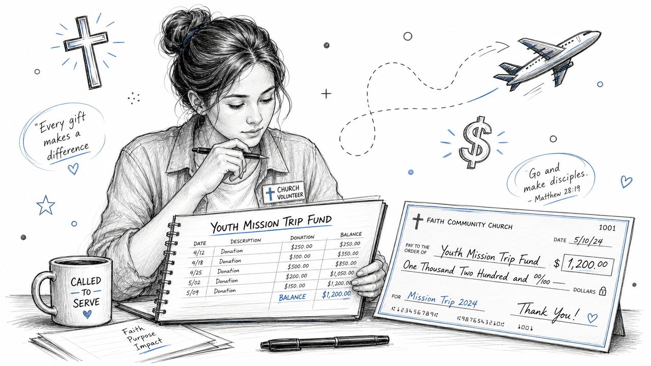 A church volunteer updating a financial ledger and check for a youth mission trip fundraising project.