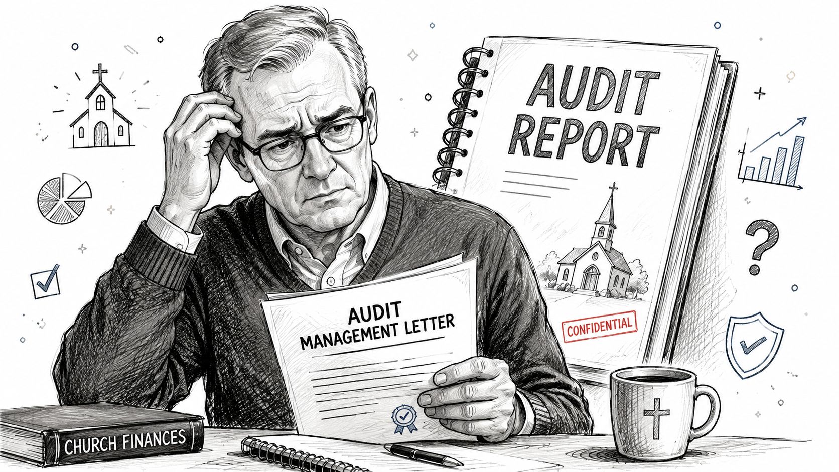 A concerned man wearing glasses reviews an audit management letter about church finances with a report nearby.