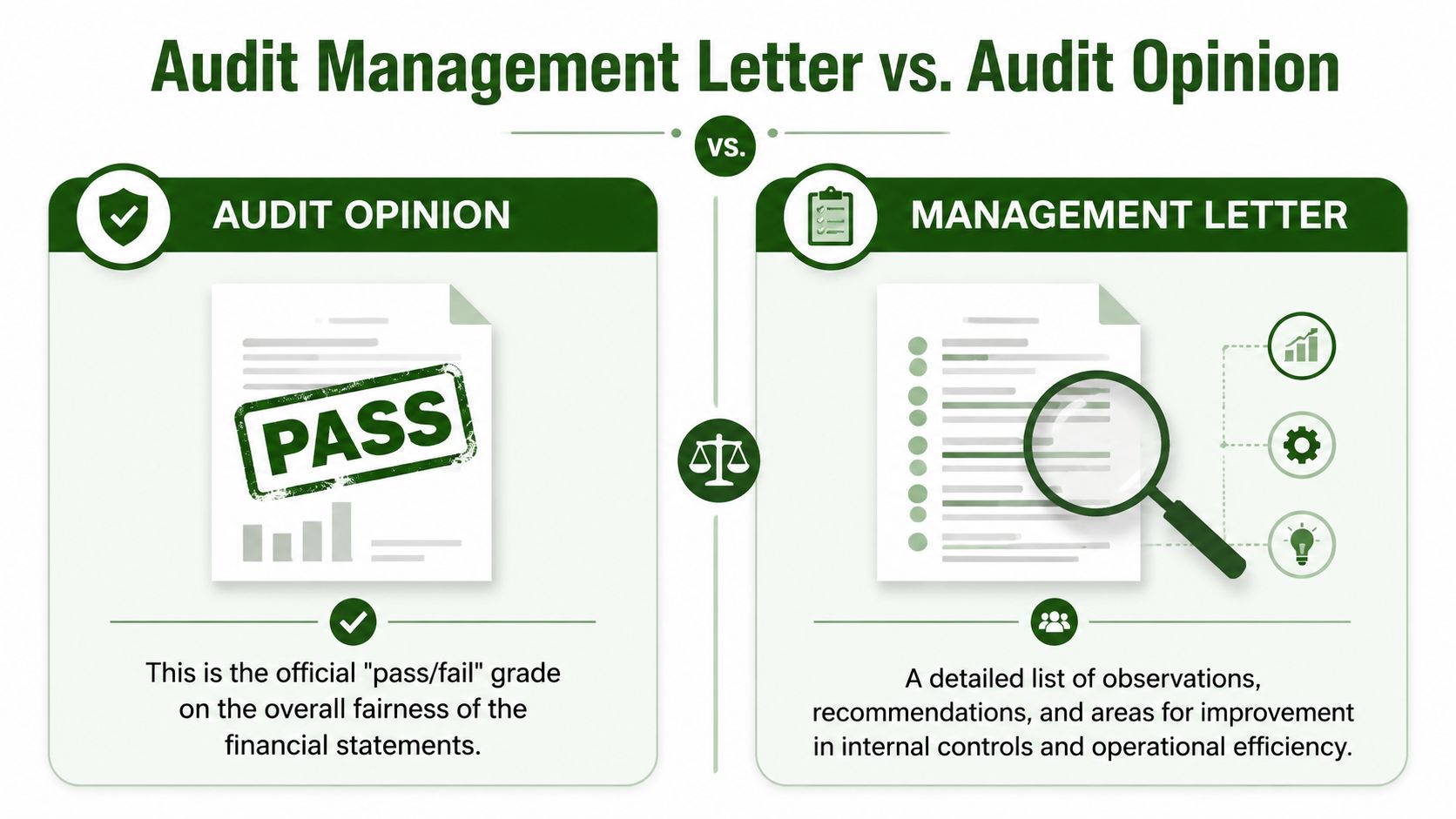 An infographic comparing the differences between an audit opinion and a management letter for financial reporting.
