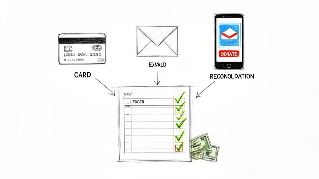 Illustration of financial transactions from card, email, and mobile app being reconciled in a ledger.