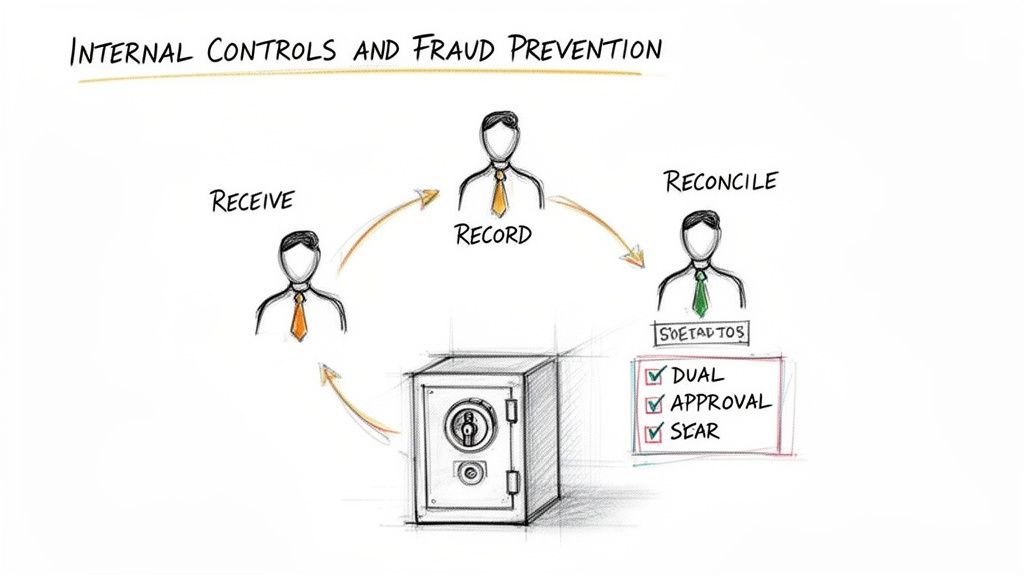 Diagram illustrating internal controls and fraud prevention with segregation of duties for receiving, recording, and reconciling.