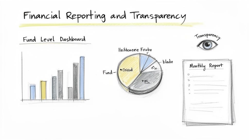 Illustration of financial reporting and transparency with a fund dashboard, pie chart, and monthly report.
