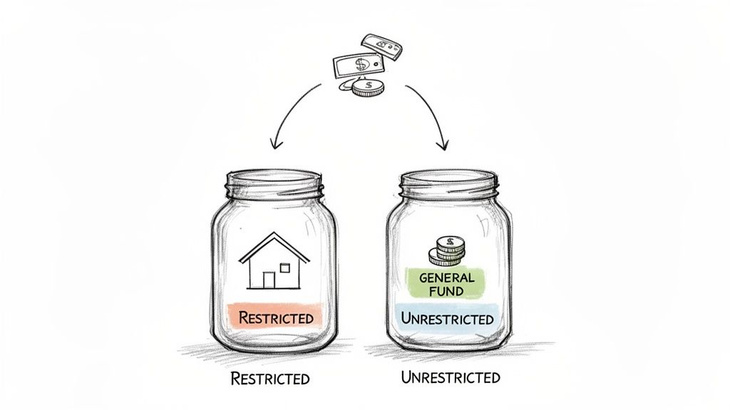 An illustration showing money being separated into restricted and unrestricted funds in jars.