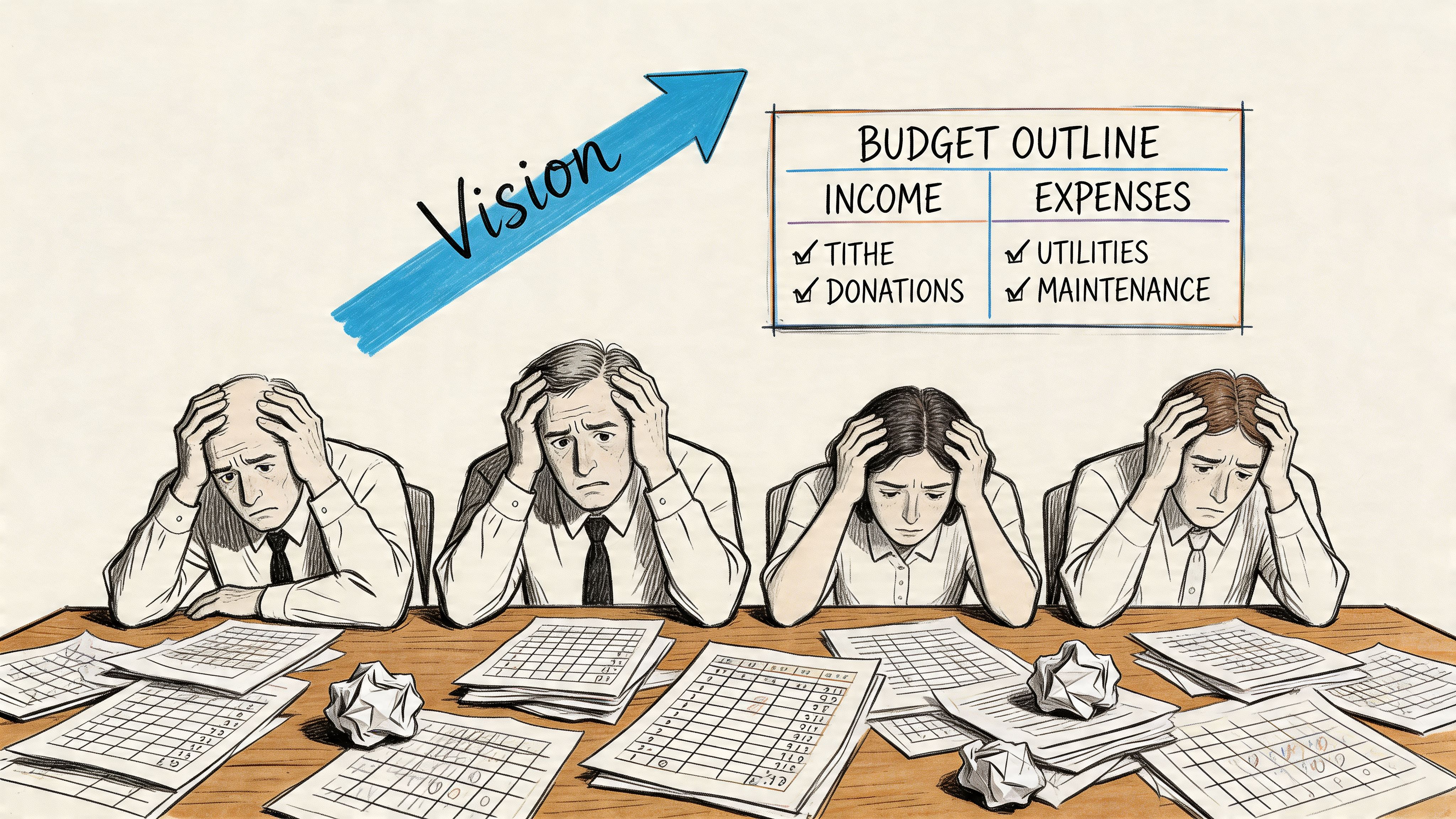 A group of stressed professionals sitting at a table looking at complex budget documents and financial charts.
