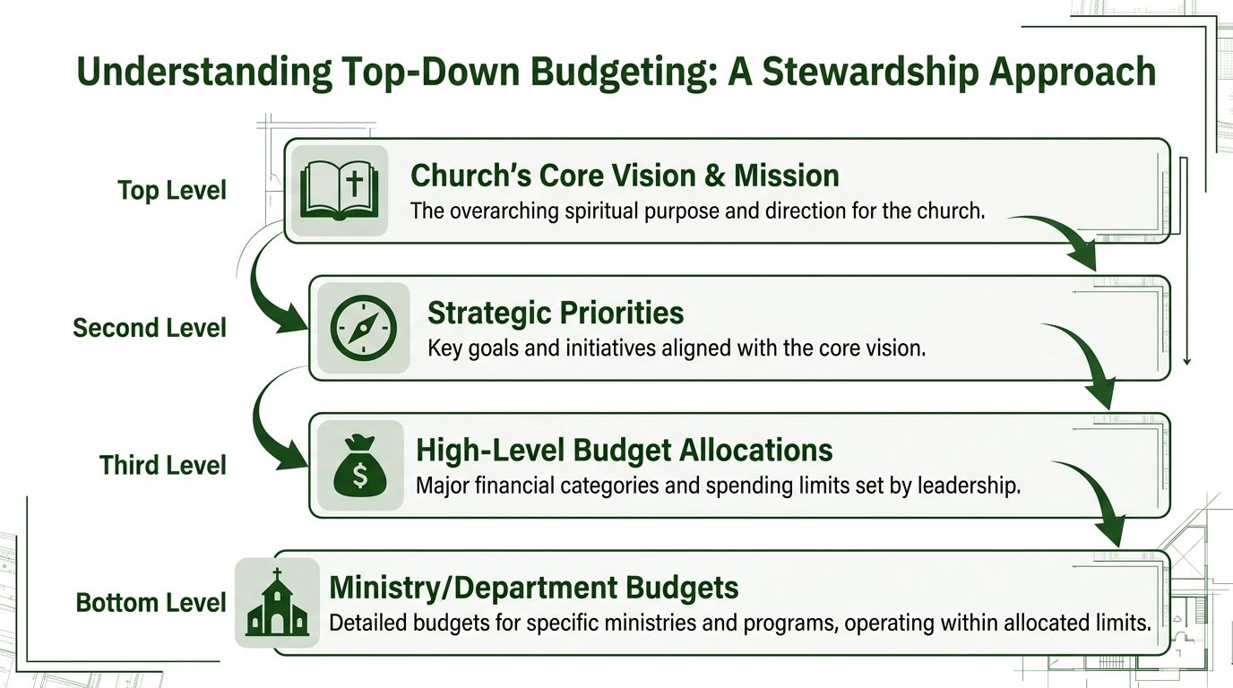 A diagram illustrating a four-level top-down budgeting process for church leadership and financial stewardship.