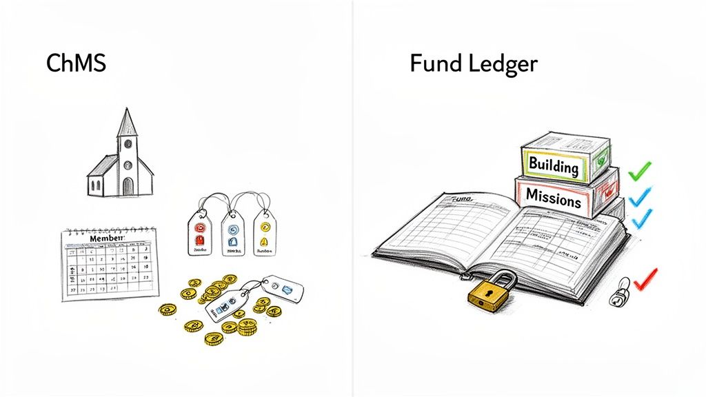 Sketches comparing Church Management Systems (ChMS) with fund ledgers, depicting church administration and financial tracking.