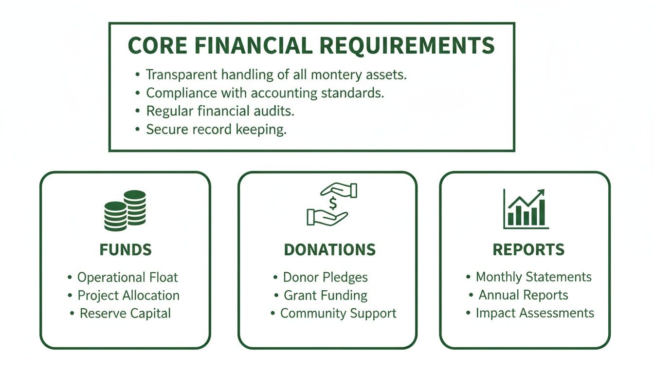Diagram outlining core financial requirements, funds, donations, and reports for an organization.