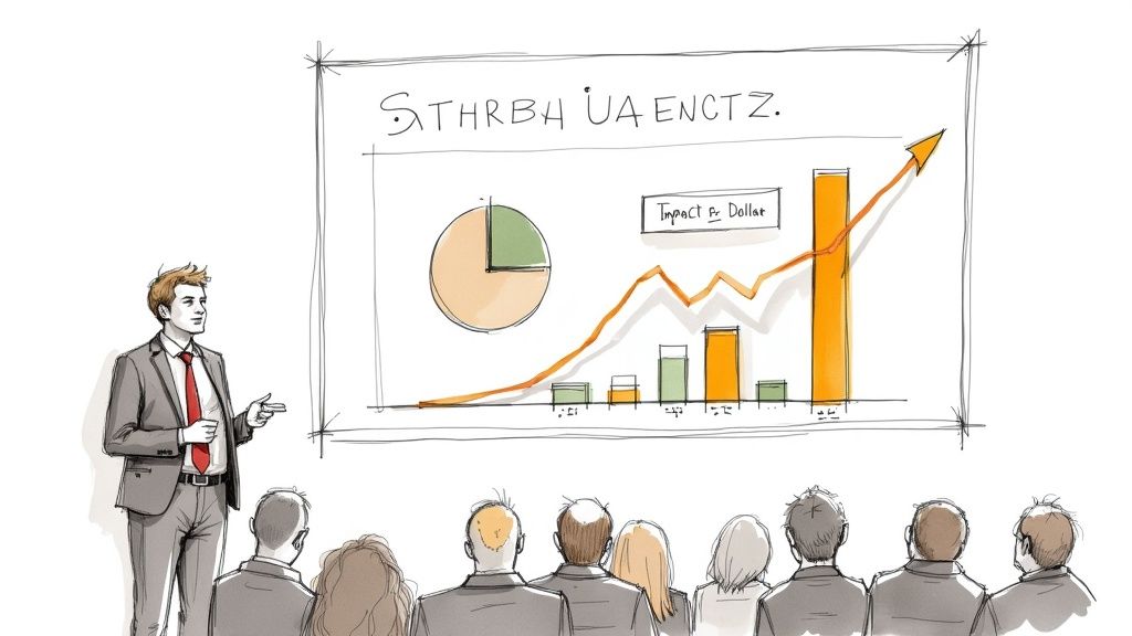 A person presenting financial charts and graphs on a large screen to an engaged audience.