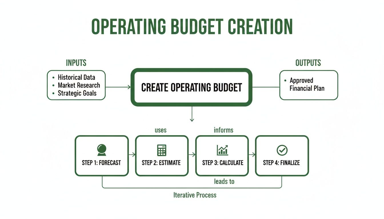 Flowchart detailing the operating budget creation process, including inputs, outputs, and four iterative steps.