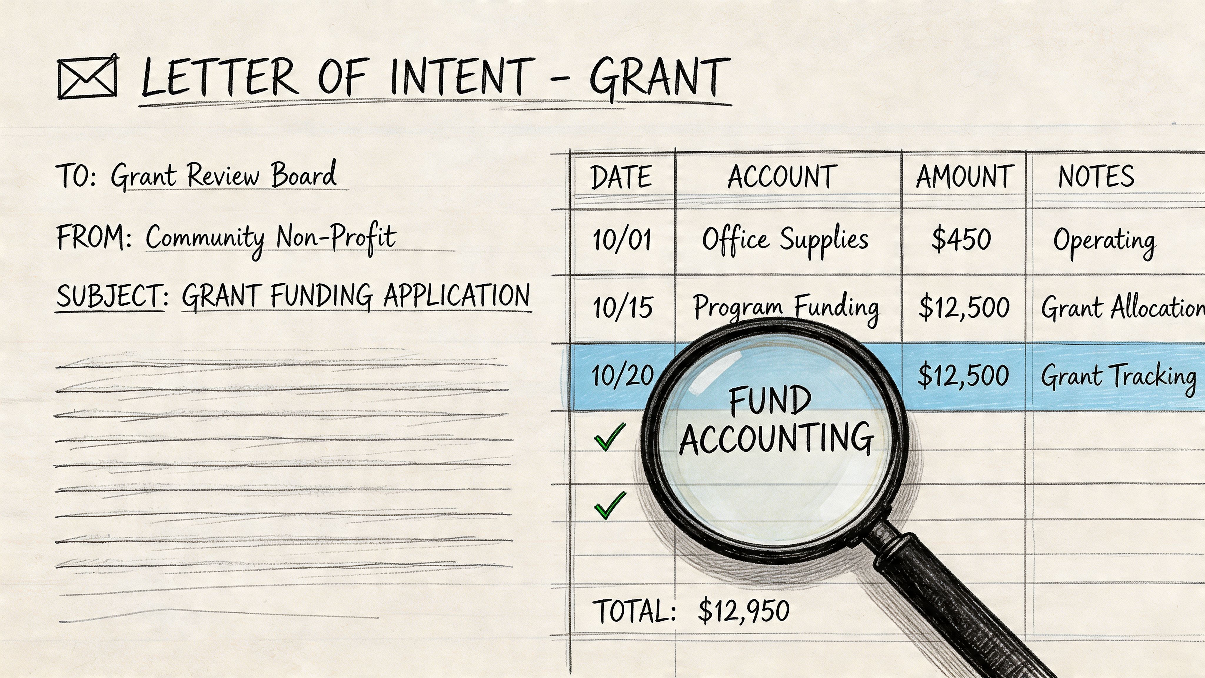 A letter of intent for a grant application beside a financial accounting table with a magnifying glass.