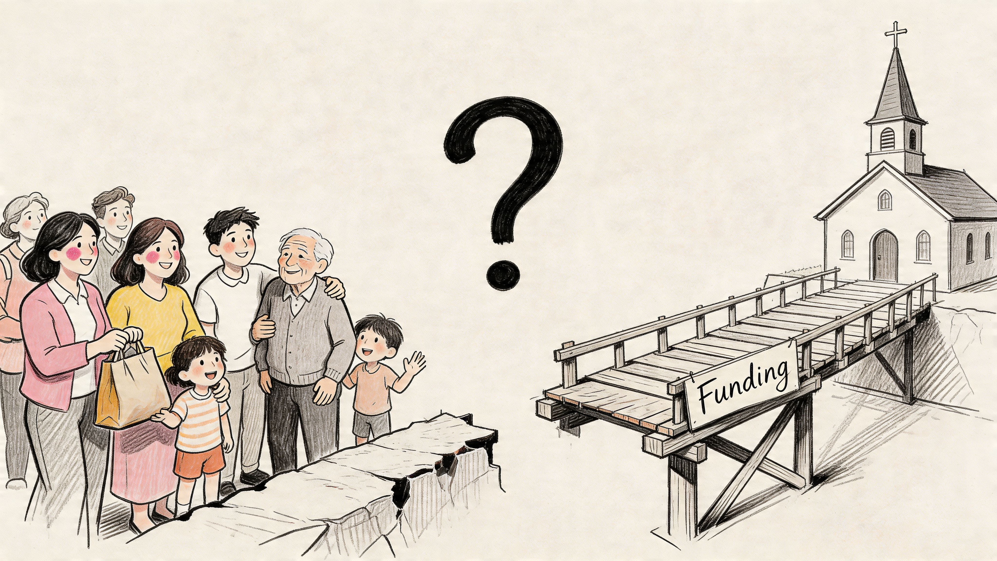 A family stands before a gap in the ground, looking toward a church across a funding bridge.