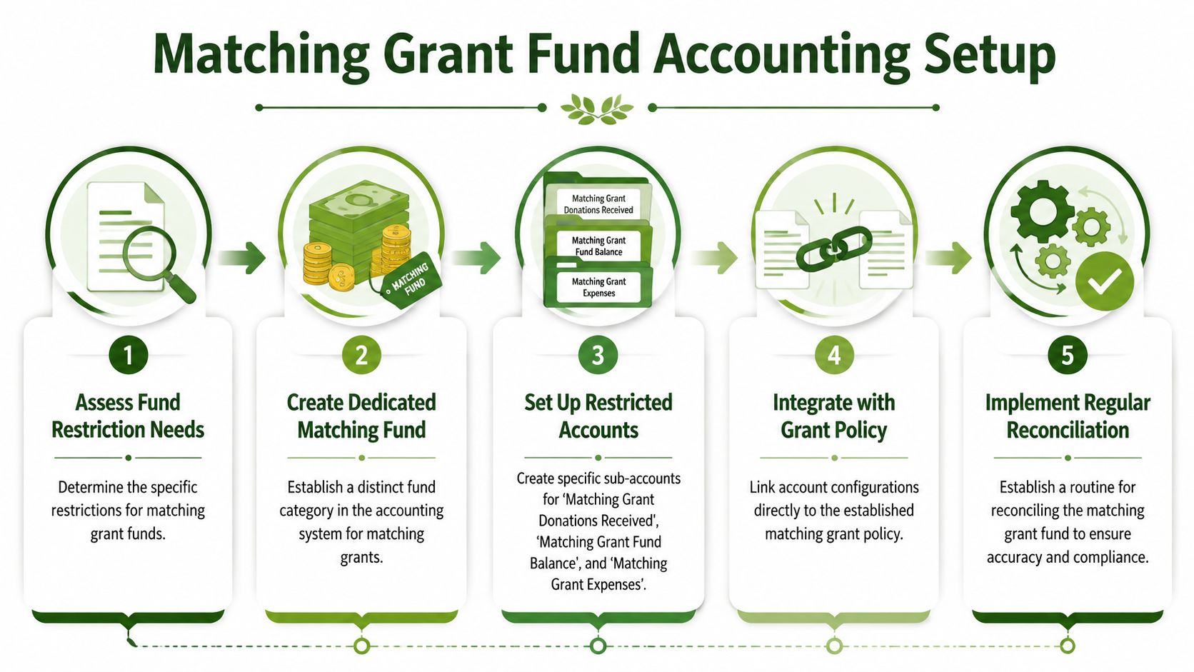 A flowchart showing the five steps to setting up matching grant fund accounting for non-profits.