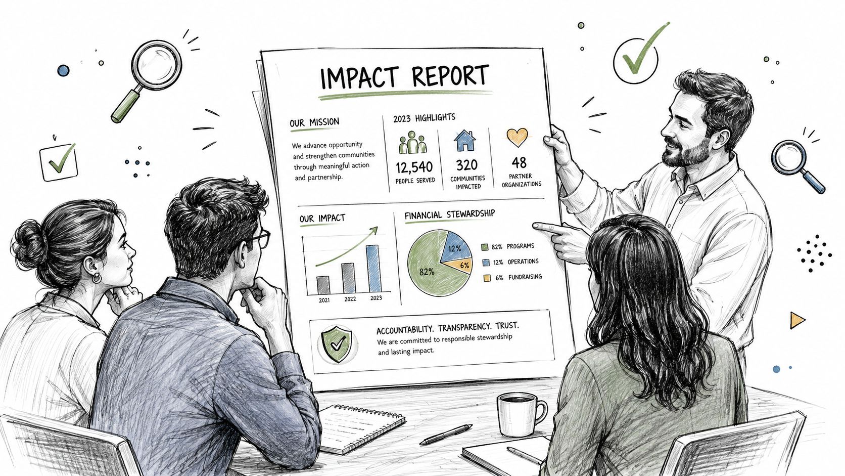 A professional team reviews a colorful impact report during a business strategy meeting in an office setting.