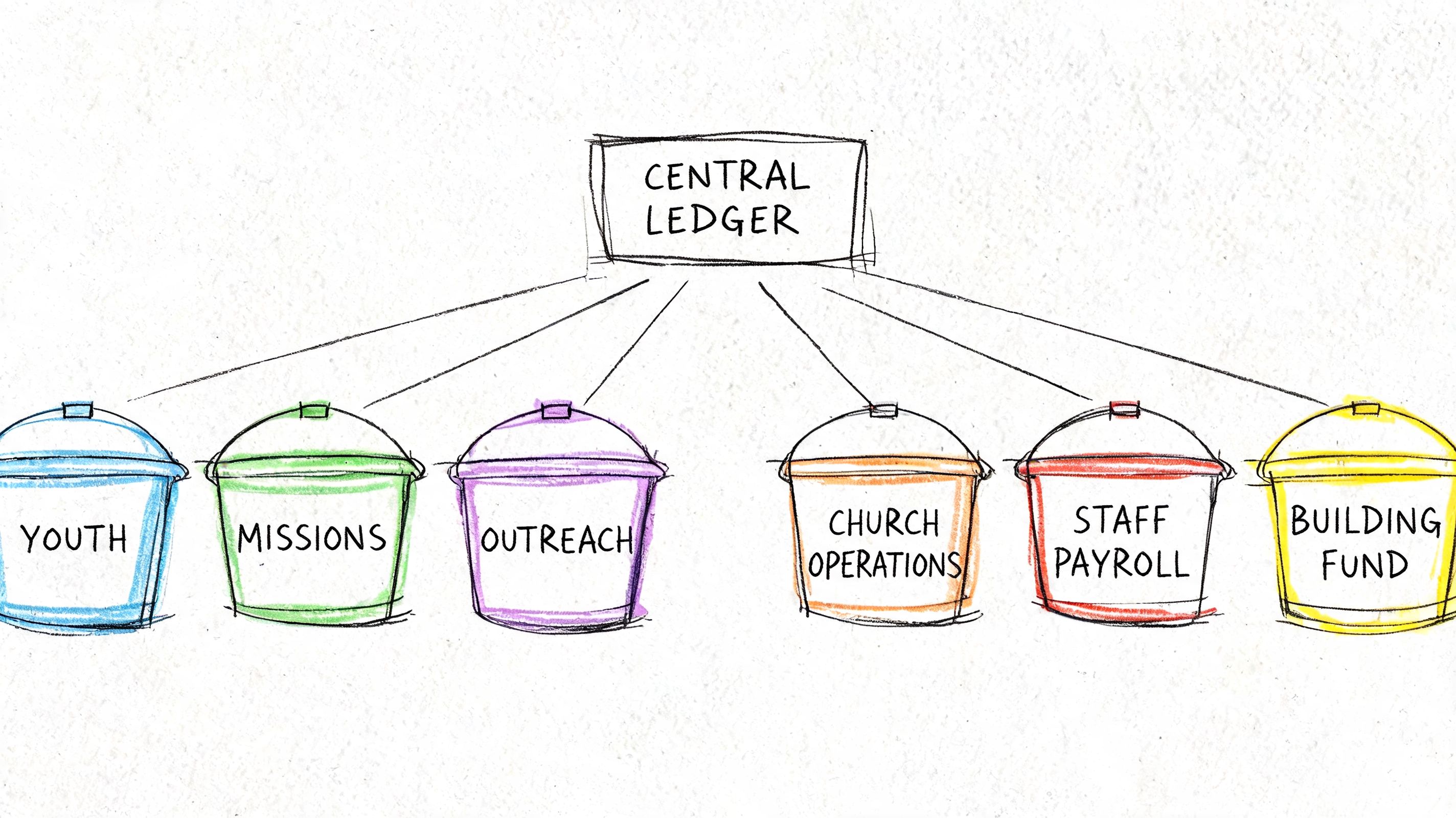 A diagram showing a central ledger distributing church funds into six colored buckets labeled by category.