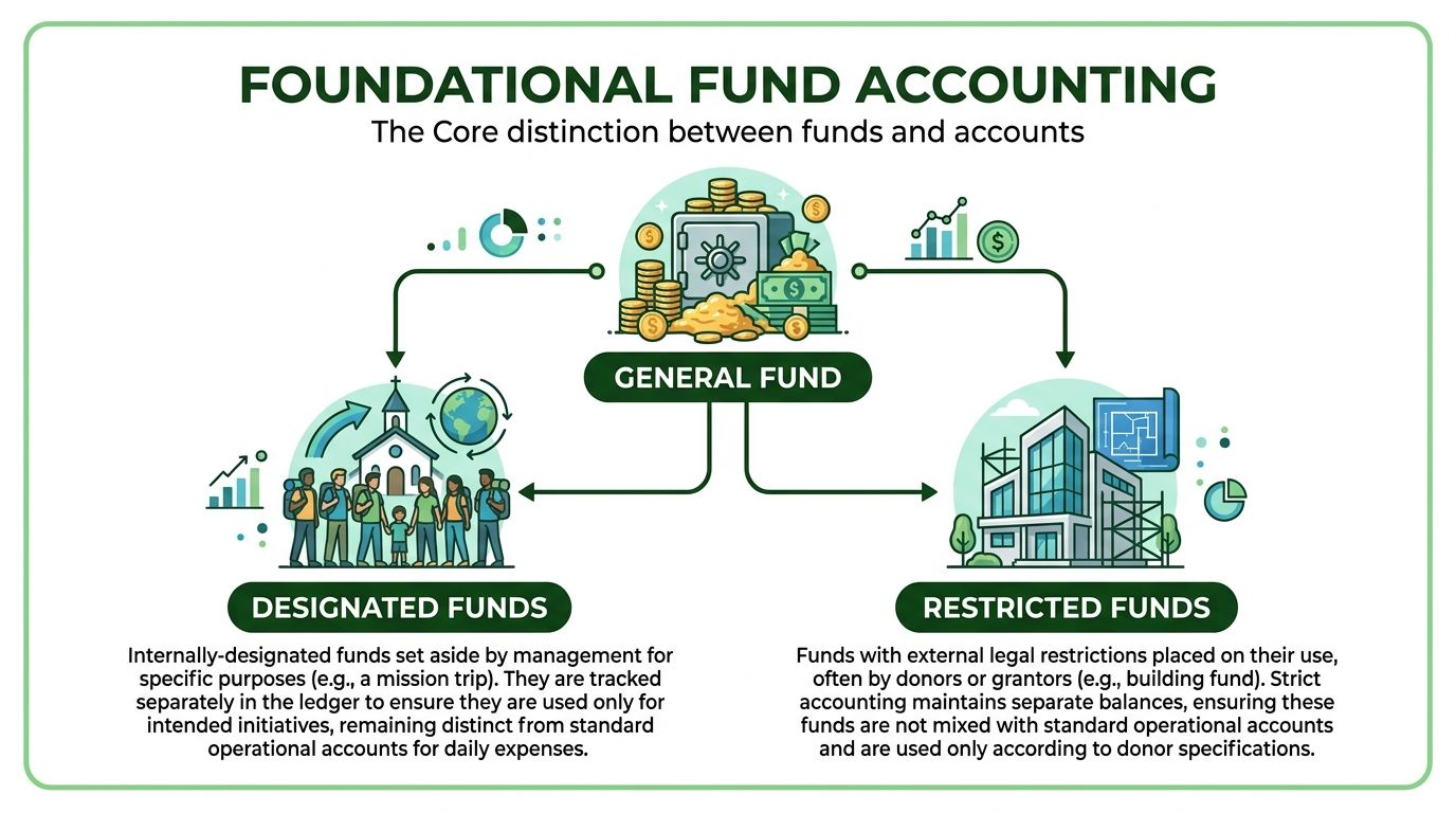 A diagram illustrating fund accounting concepts including general, designated, and restricted funds with explanatory text for each.