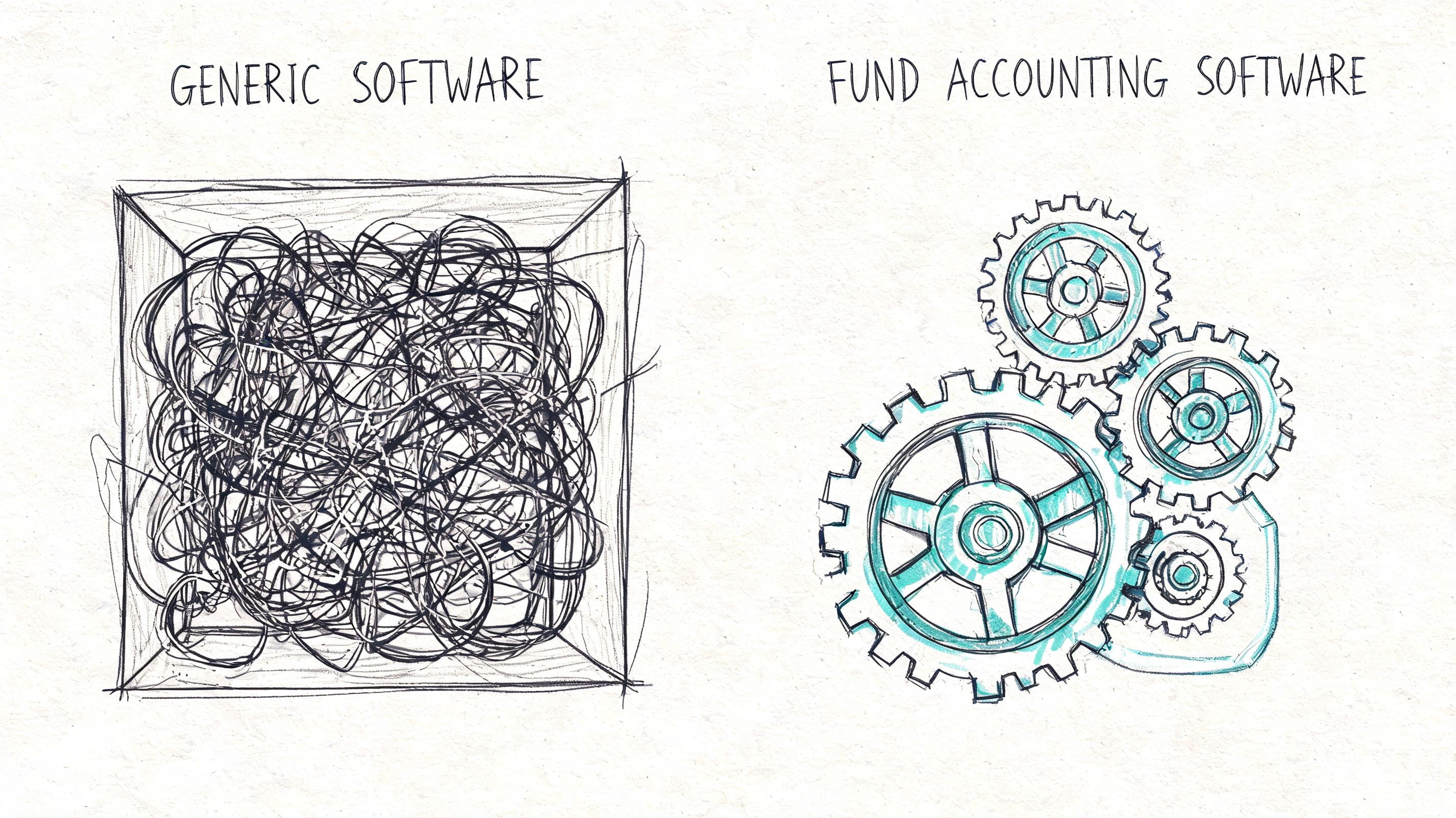 A hand-drawn comparison showing a chaotic tangle in a box labeled Generic Software versus organized gears.
