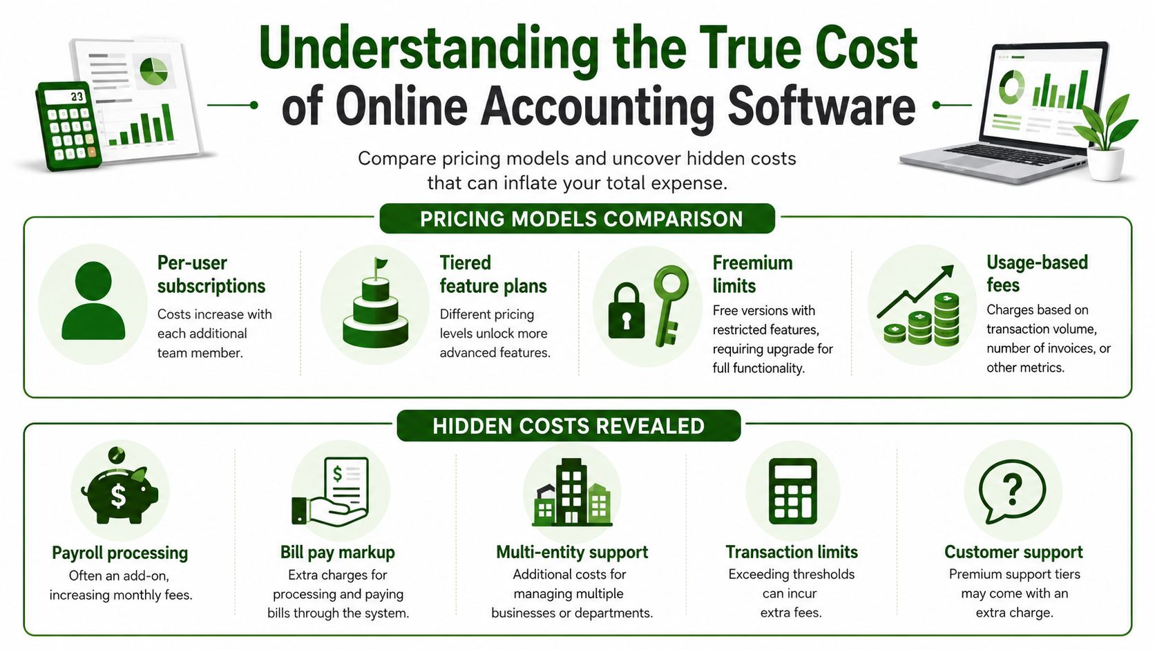 An infographic detailing the pricing models and potential hidden costs of online accounting software for businesses.