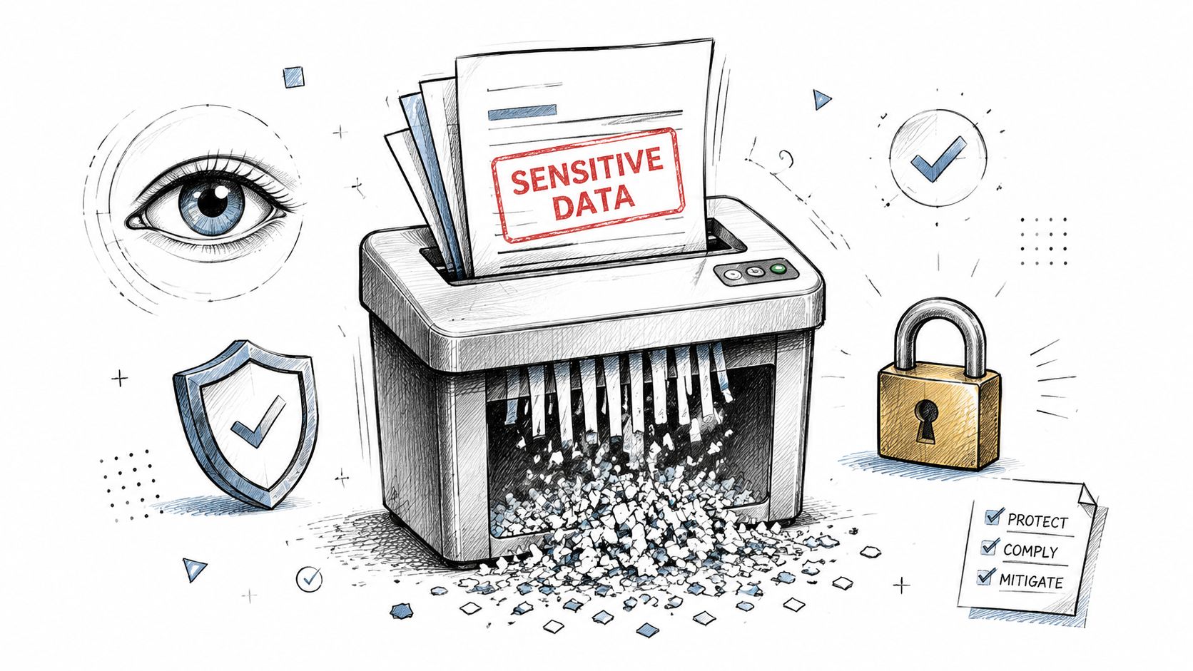 A paper shredder destroying sensitive documents, surrounded by security symbols like a shield, padlock, and checkmarks.