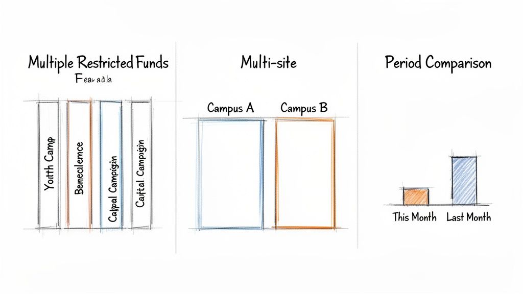 Sketches illustrating financial reporting concepts: restricted funds, multi-site operations, and period comparisons.