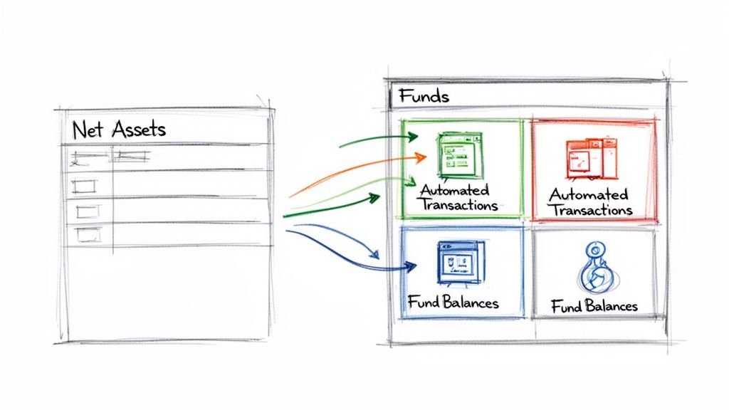 A diagram illustrating the flow from Net Assets to Funds, detailing automated transactions and fund balances.