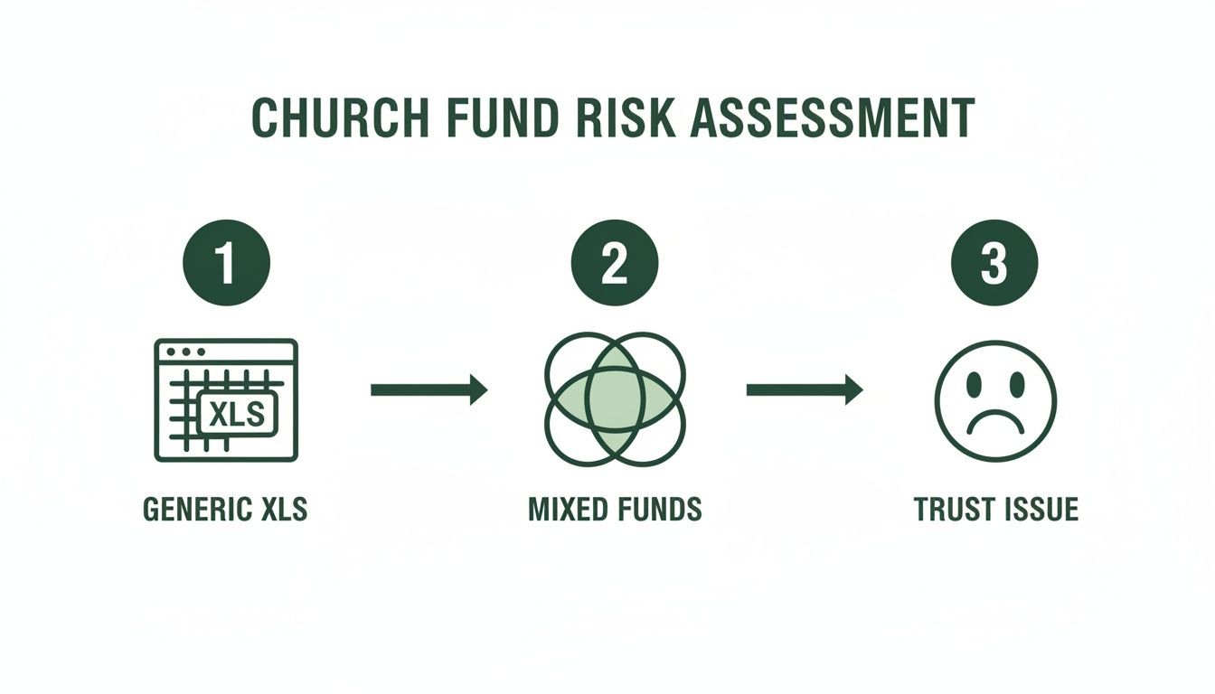 Church fund risk assessment flowchart showing generic XLS leading to mixed funds, resulting in trust issues.