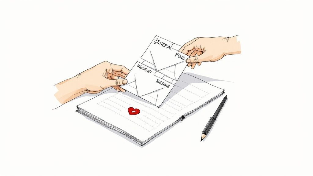 Hands hold labeled envelopes for general fund, missions, building over papers, heart, and pen.