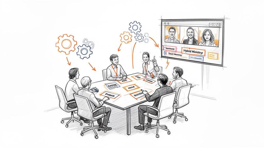 A team collaborates in a hybrid meeting, with in-person participants and remote attendees on a video call.