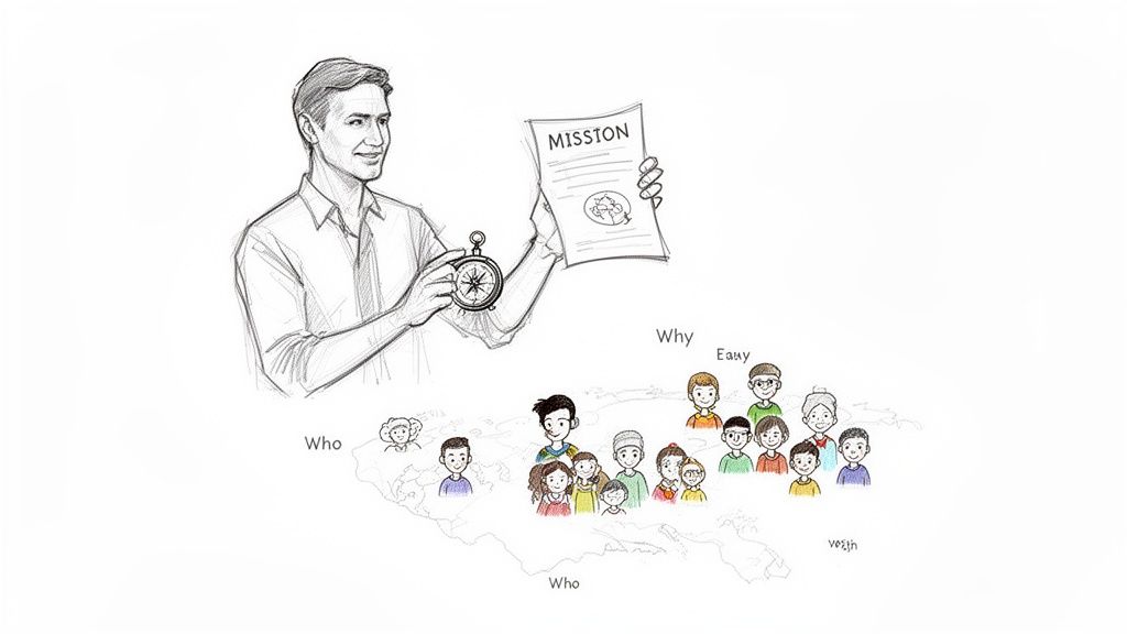 A man holds a 'MISSION' document and compass, overseeing diverse people on a world map.
