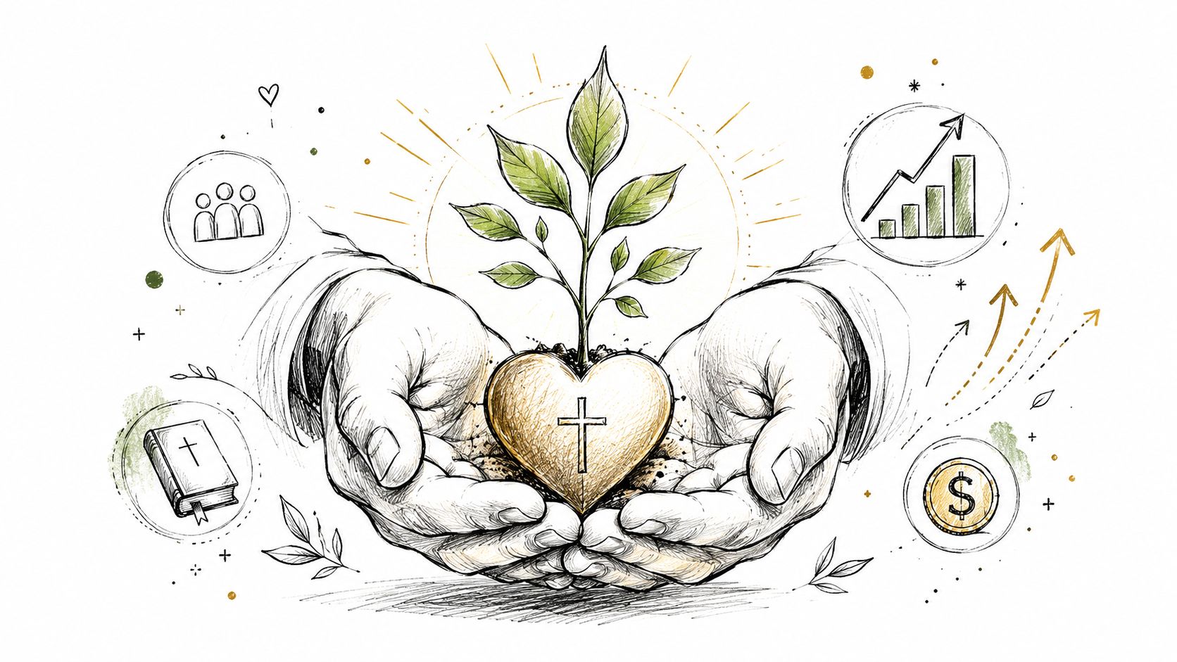 A hand-drawn illustration of cupped hands holding a heart with a cross and a small growing plant.