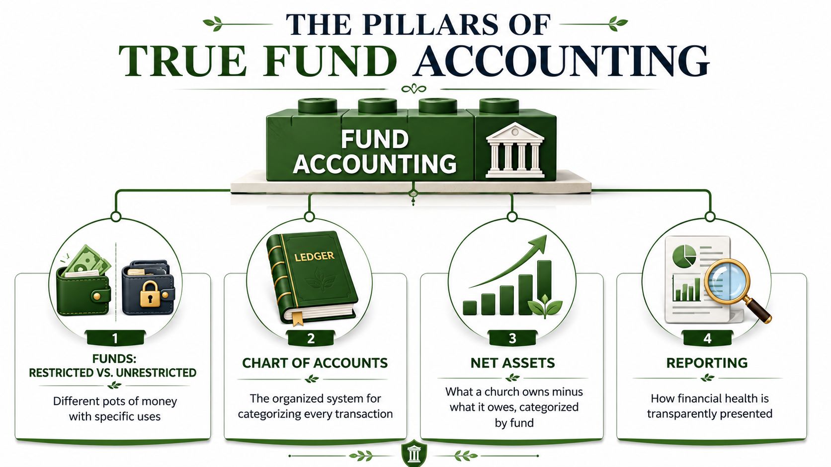 An infographic titled The Pillars of True Fund Accounting illustrating four core concepts of financial management for churches.