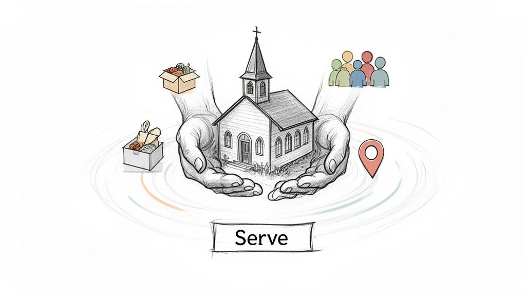 Hands holding a church, surrounded by symbols of community outreach, charity, and service.