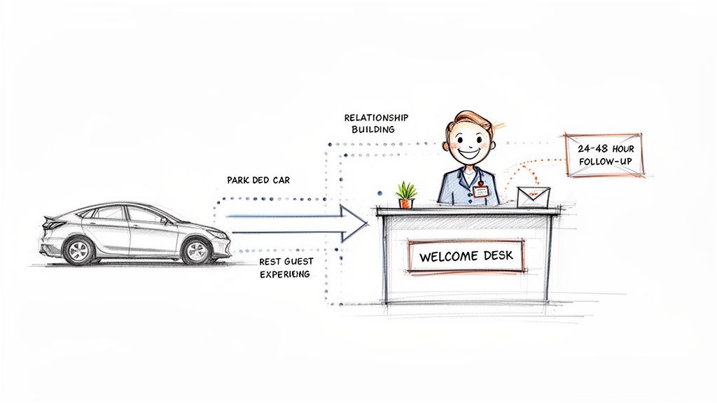 Diagram showing a customer service process from car arrival, welcome desk interaction to follow-up.