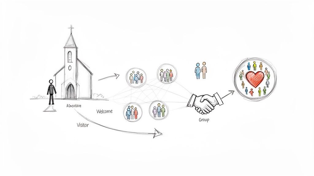 A diagram illustrating a visitor's journey from a church into connected community groups, forming a unified loving heart.