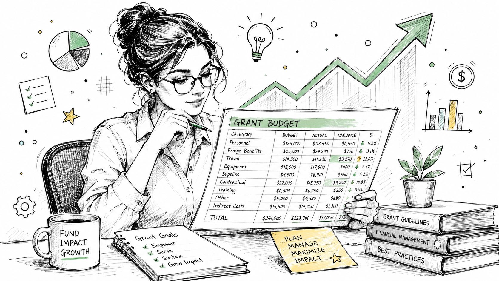 A professional woman analyzing a grant budget report at her desk with organized financial materials nearby.