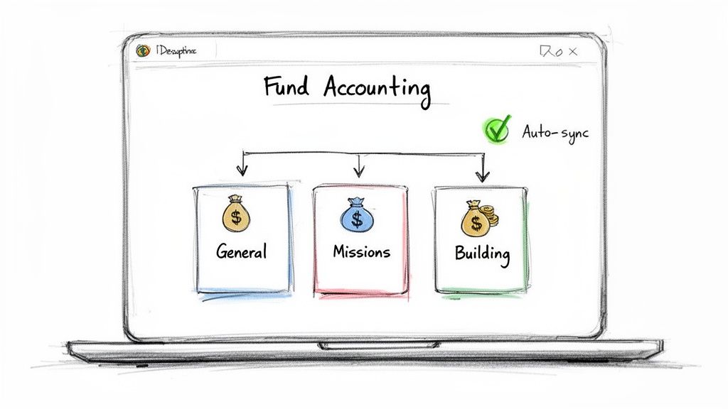 Laptop screen displays hand-drawn fund accounting breakdown into General, Missions, and Building funds with auto-sync.