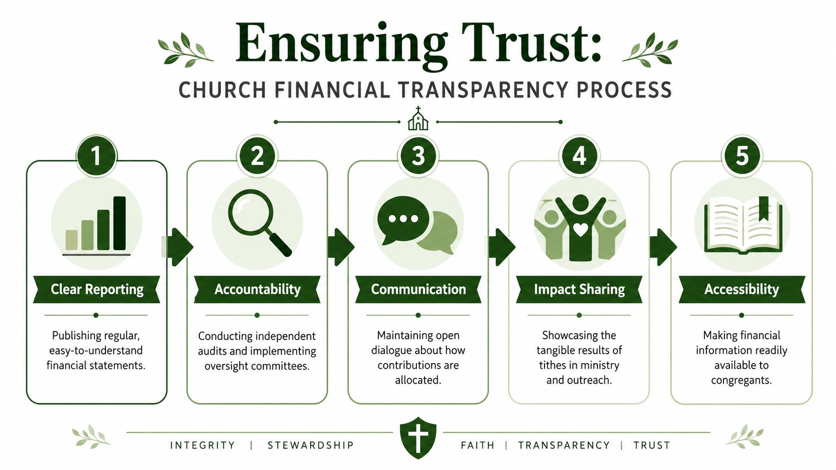An infographic detailing five steps for maintaining church financial transparency, including reporting, accountability, communication, impact, and accessibility.