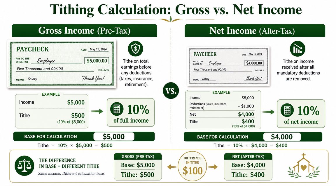 An infographic comparing tithing calculations using gross versus net income with examples and the resulting difference.