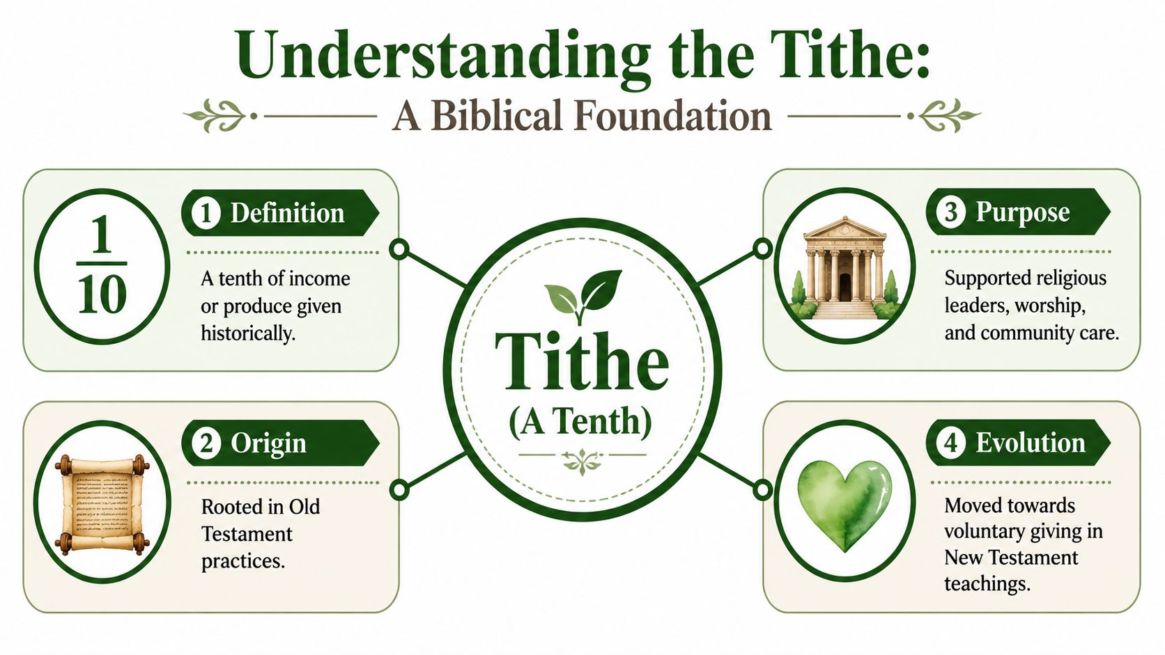 An infographic titled Understanding the Tithe showing four key aspects of biblical tithing including definition, origin, purpose, and evolution.