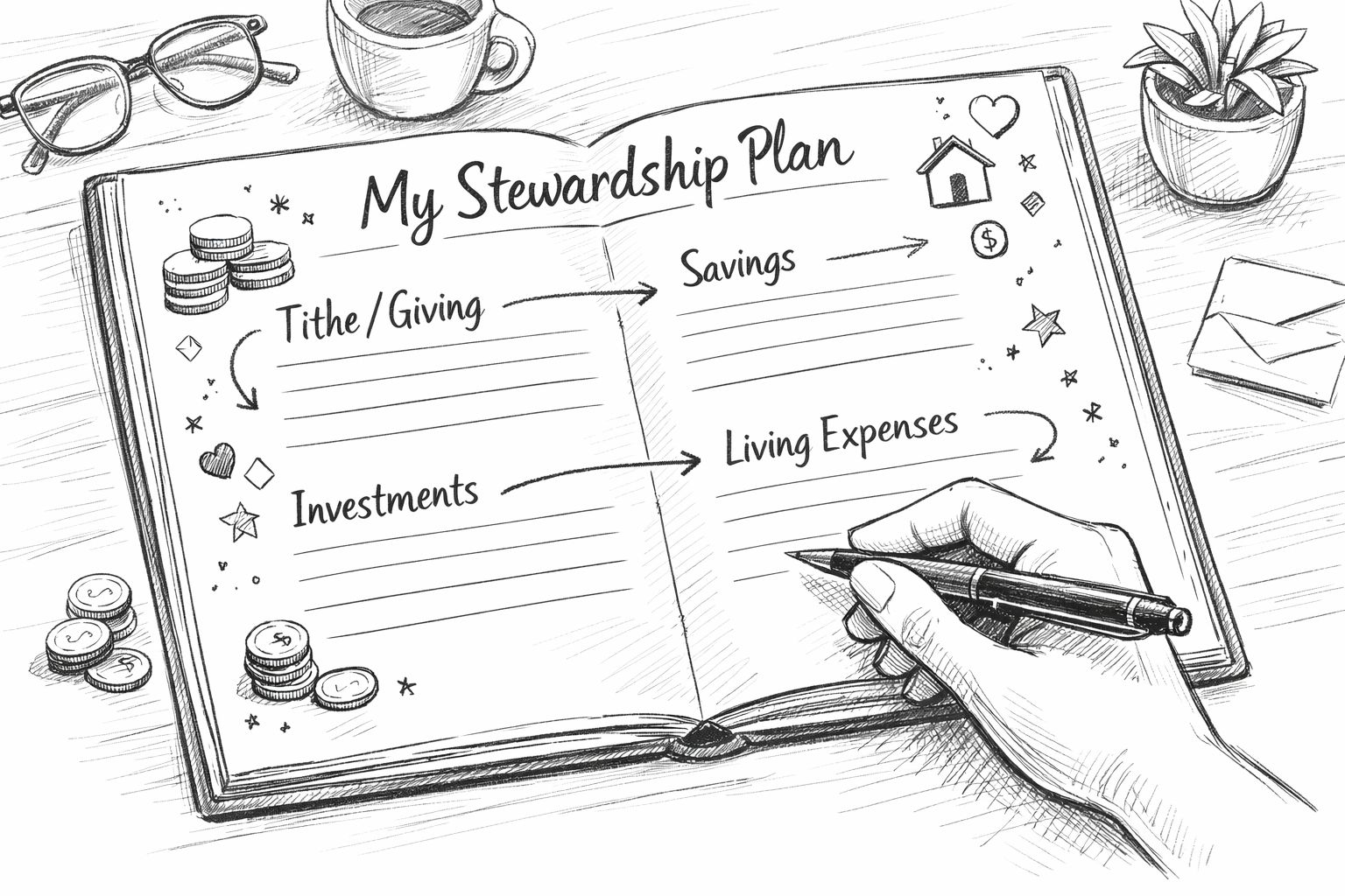 A hand writes in a sketchbook titled My Stewardship Plan featuring categories like tithe, savings, and investments.