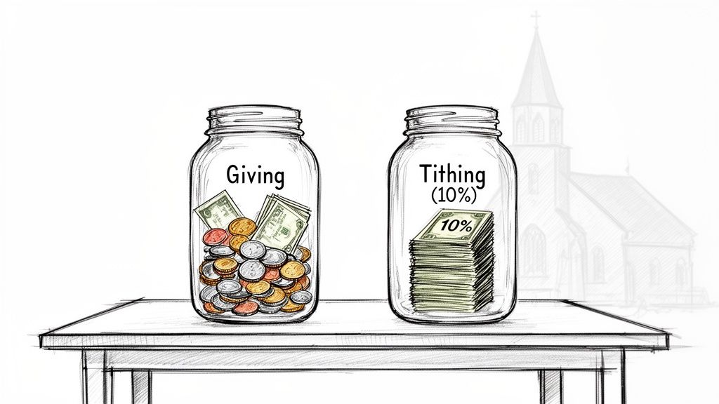 Two jars on a table, one labeled "Giving" with mixed cash, the other "Tithing (10%)" with stacked bills.
