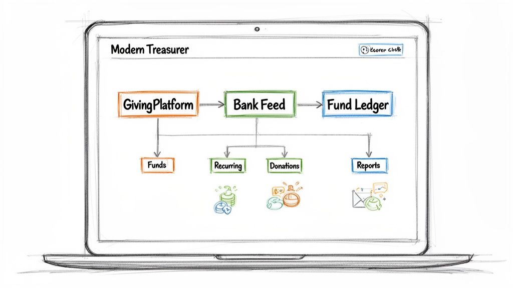 A diagram on a laptop screen illustrating a financial workflow from Giving Platform to Bank Feed to Fund Ledger.