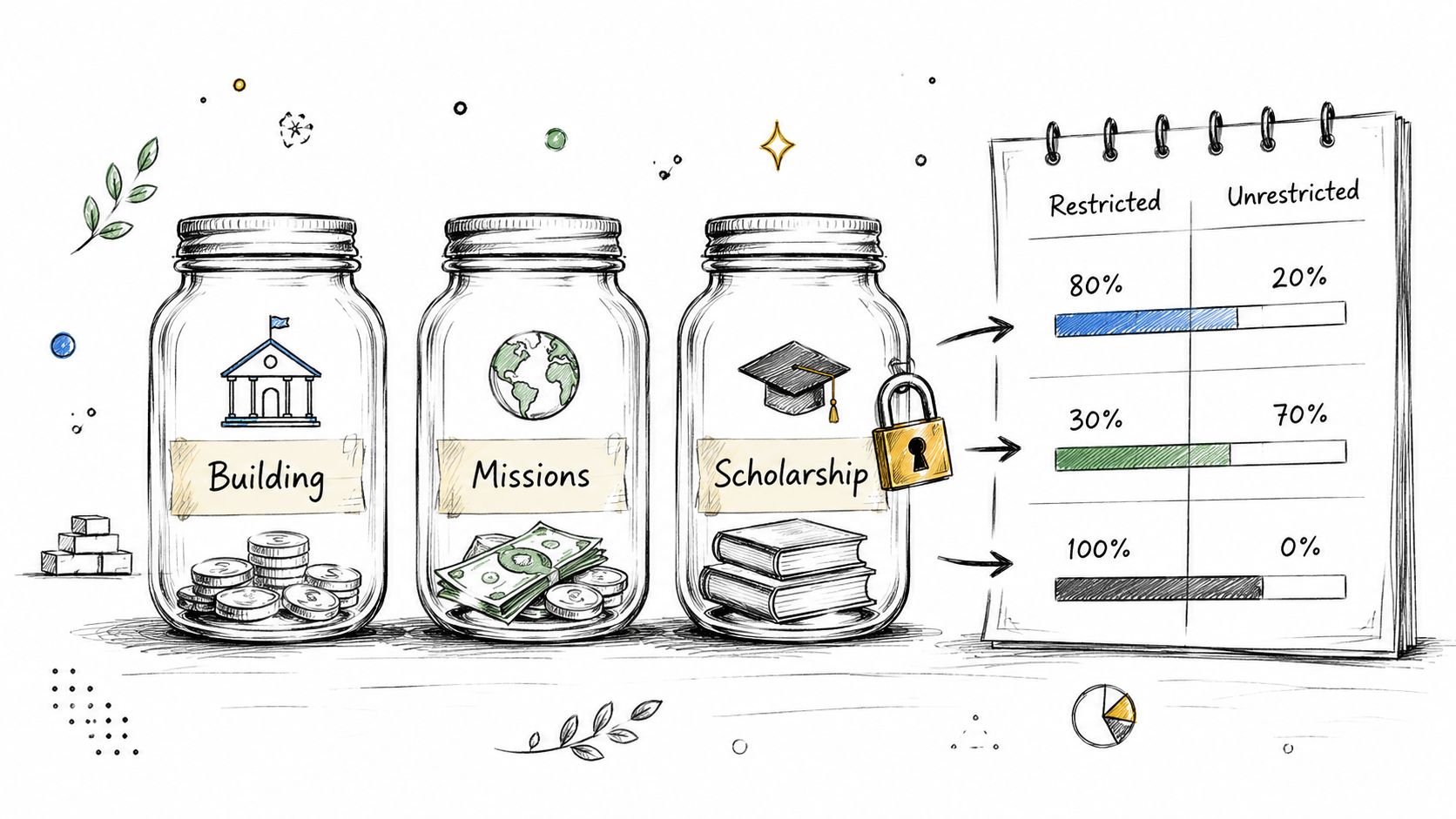 A hand-drawn illustration showing three glass jars labeled Building, Missions, and Scholarship, with corresponding fund restriction charts.