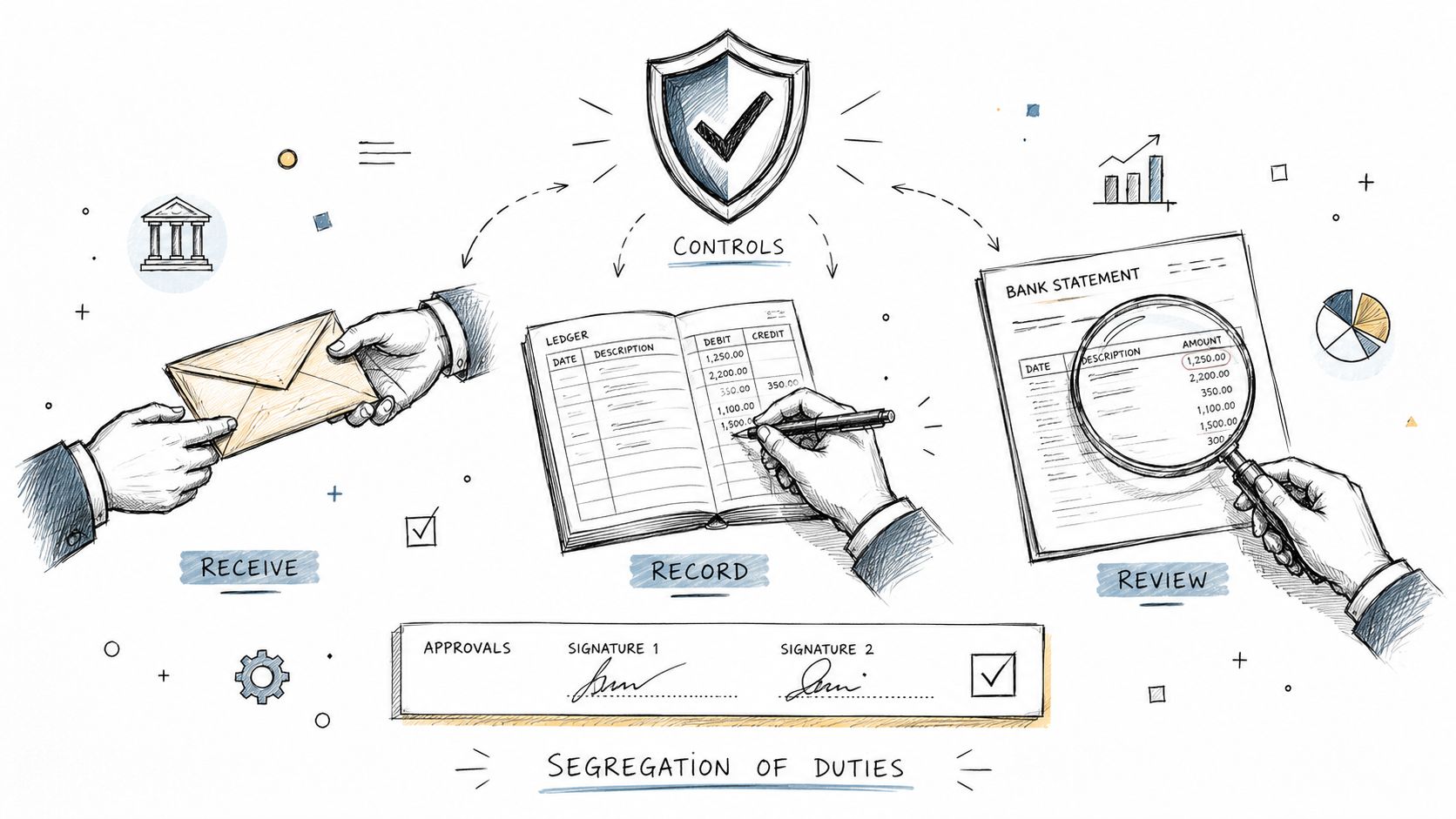 An infographic showing the segregation of duties process involving receiving, recording, reviewing, and approvals for financial compliance.