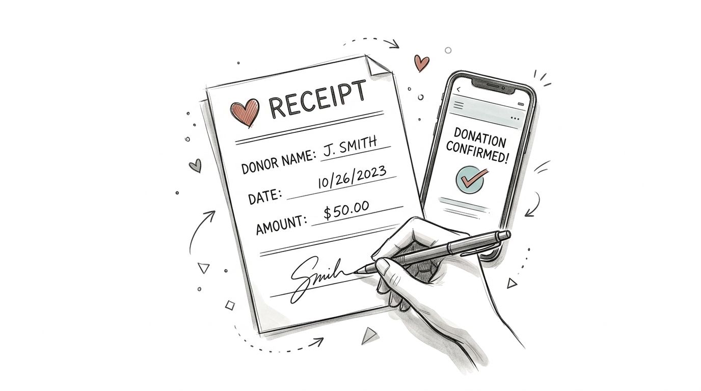 A hand signing a donation receipt next to a smartphone showing a confirmed donation screen.
