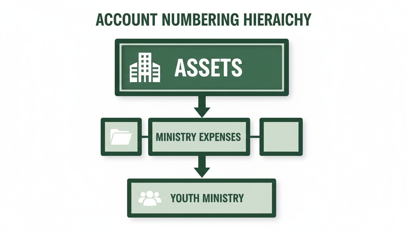 A flow chart illustrating an account numbering hierarchy, showing assets, ministry expenses, and youth ministry.