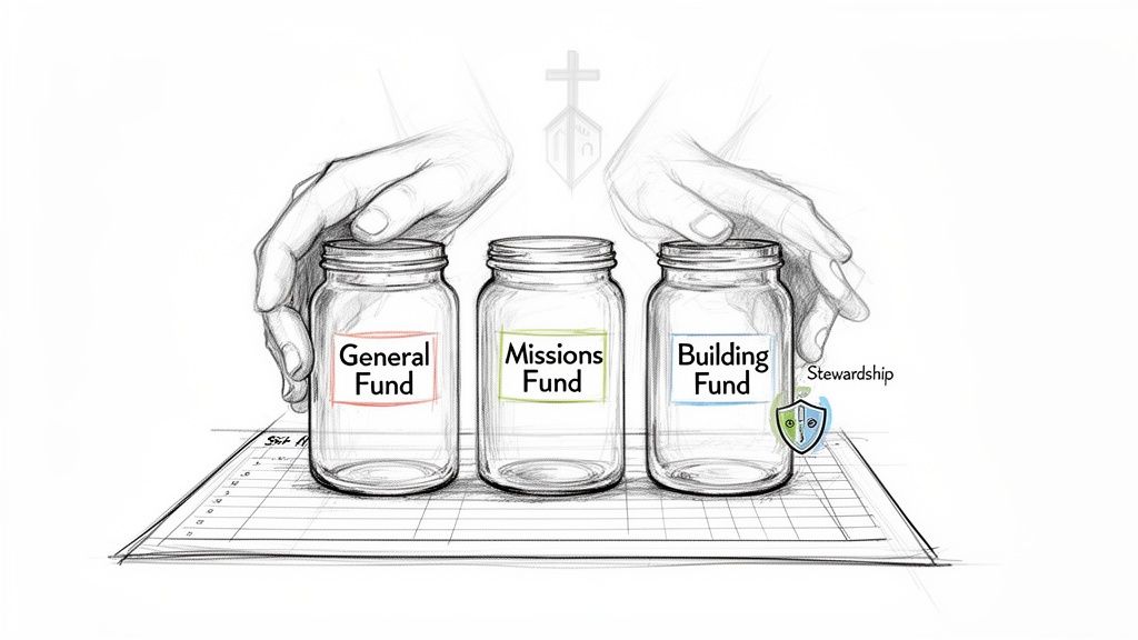 Three glass jars labeled General, Missions, and Building Funds, with hands above, symbolizing financial stewardship.