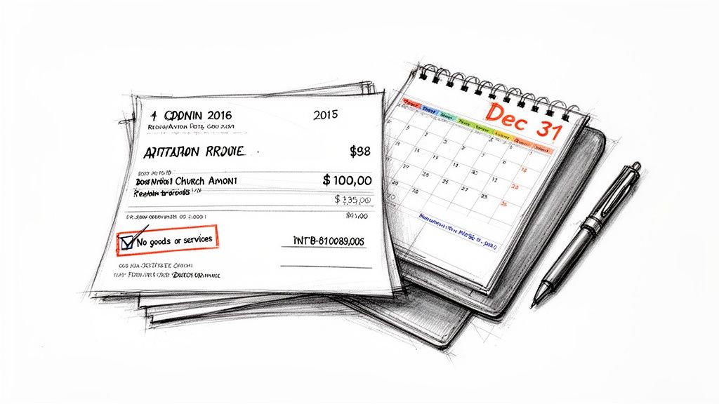 Sketch of financial documents, a calendar showing Dec 31, and a pen, suggesting tax planning.